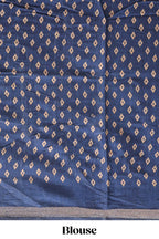 Peacock blue floral motifs design marsh mellow saree with contrast border and printed blouse