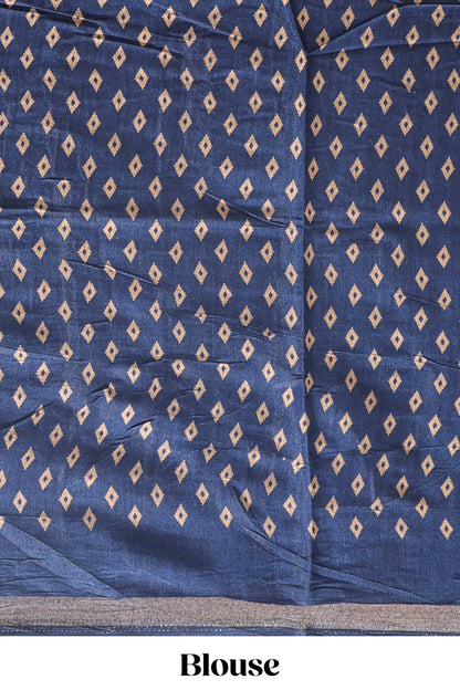 Peacock blue floral motifs design marsh mellow saree with contrast border and printed blouse