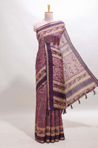 Purple floral motifs design marsh mellow saree with contrast border and printed blouse