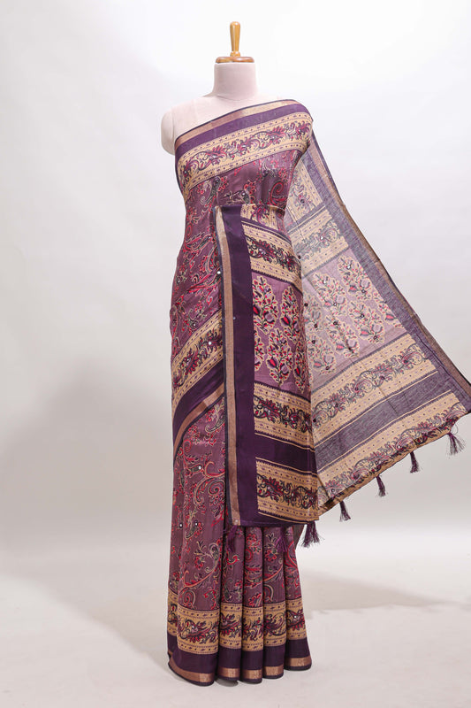 Purple floral motifs design marsh mellow saree with contrast border and printed blouse