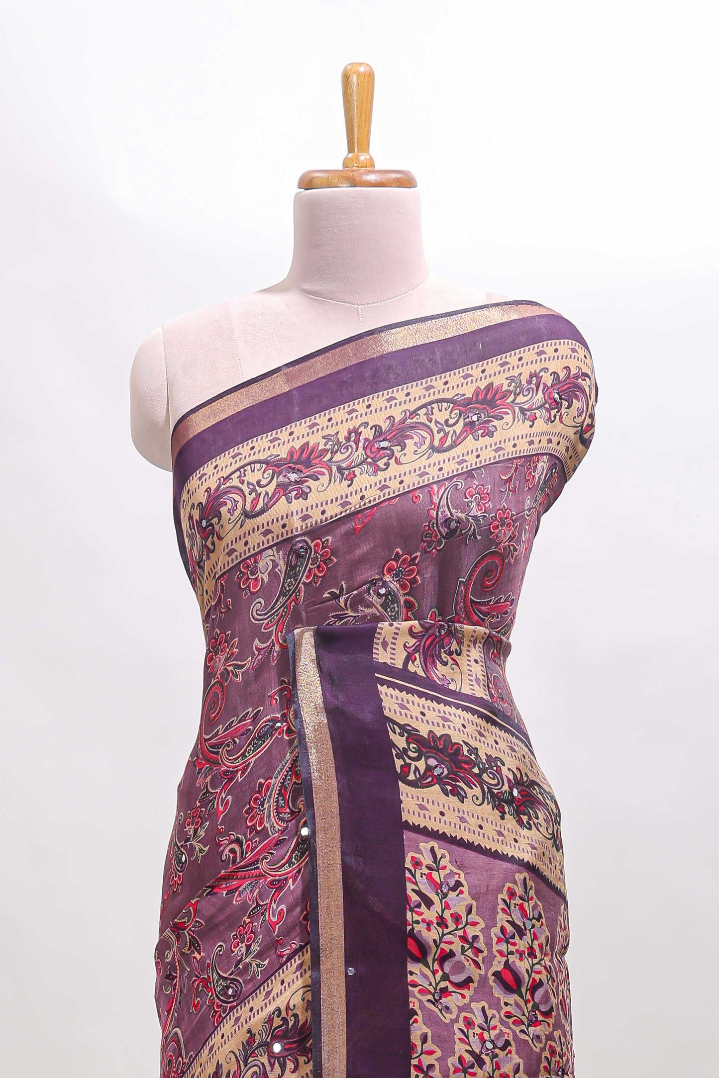 Purple floral motifs design marsh mellow saree with contrast border and printed blouse