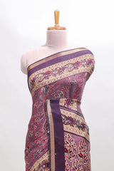 Purple floral motifs design marsh mellow saree with contrast border and printed blouse