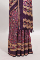 Purple floral motifs design marsh mellow saree with contrast border and printed blouse