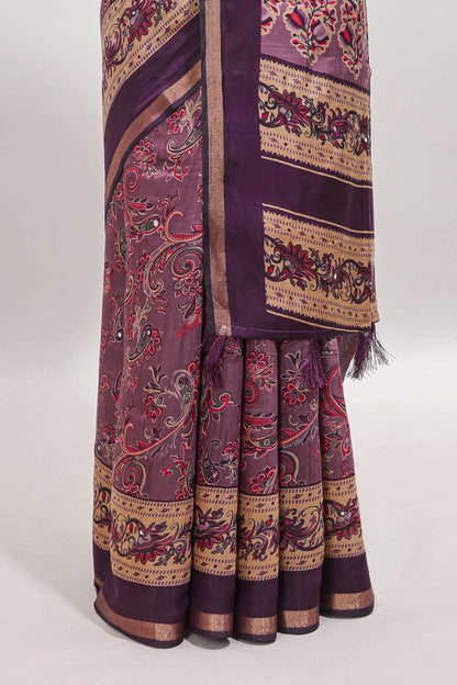 Purple floral motifs design marsh mellow saree with contrast border and printed blouse