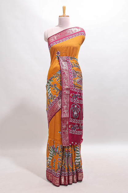 Mustard peacock & floral design marsh mellow saree with contrast border and printed blouse