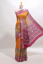 Mustard peacock & floral design marsh mellow saree with contrast border and printed blouse