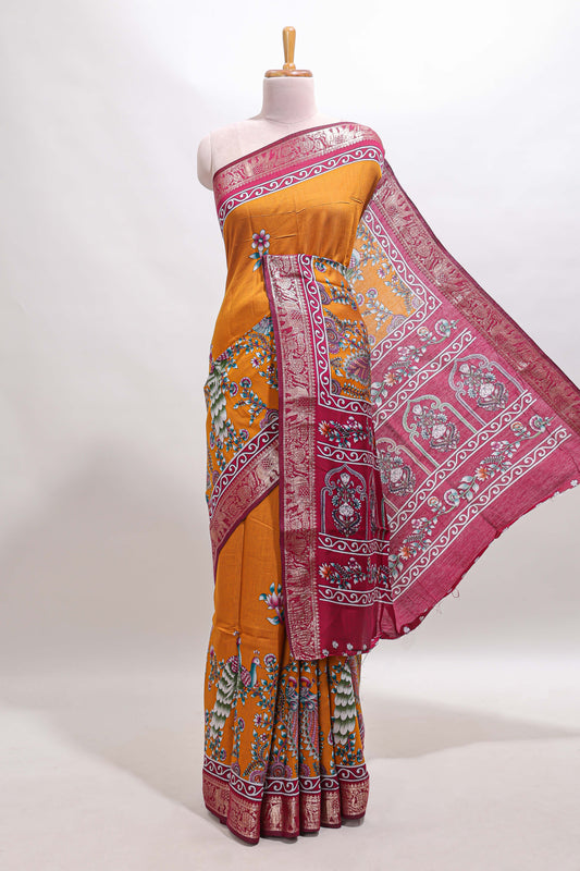 Mustard peacock & floral design marsh mellow saree with contrast border and printed blouse