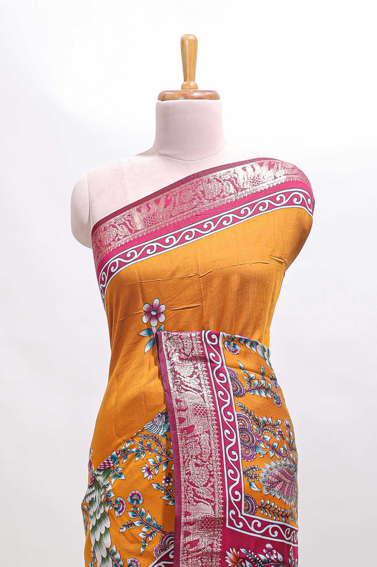 Mustard peacock & floral design marsh mellow saree with contrast border and printed blouse