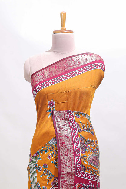 Mustard peacock & floral design marsh mellow saree with contrast border and printed blouse