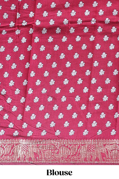Mustard peacock & floral design marsh mellow saree with contrast border and printed blouse