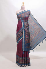 Purple mirror work embroidery design marsh mellow saree with contrast border and printed blouse