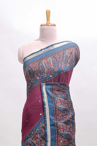 Purple mirror work embroidery design marsh mellow saree with contrast border and printed blouse