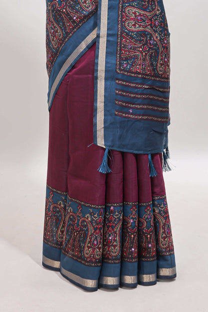 Purple mirror work embroidery design marsh mellow saree with contrast border and printed blouse
