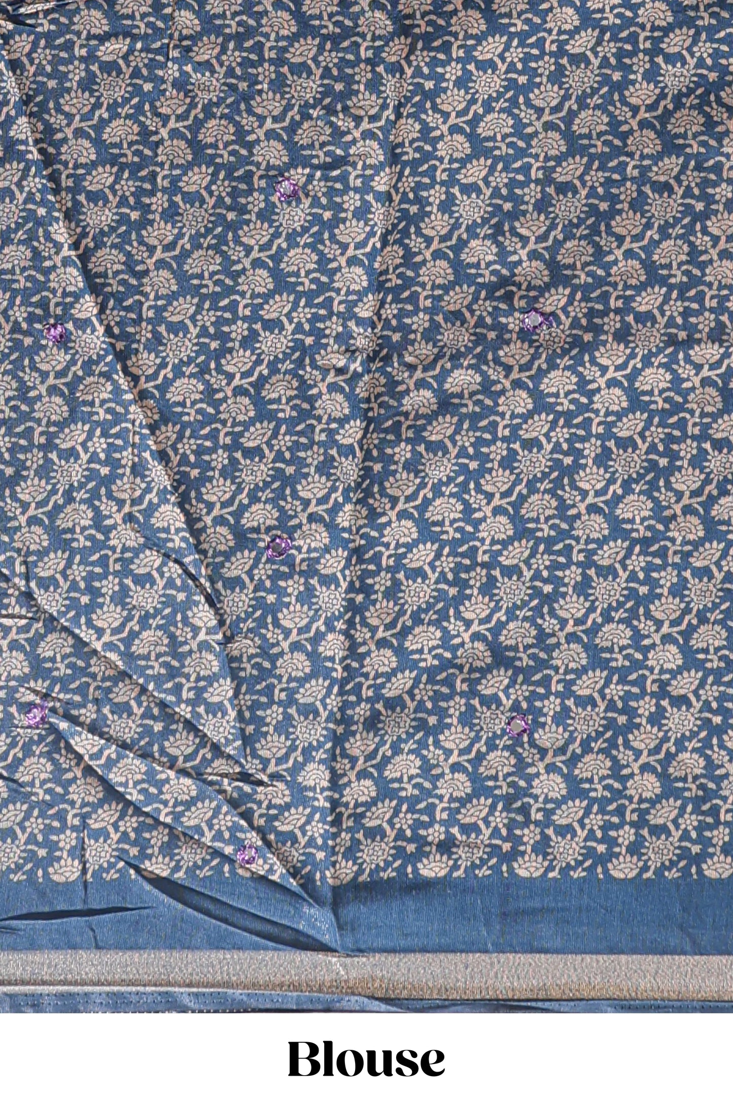 Purple mirror work embroidery design marsh mellow saree with contrast border and printed blouse