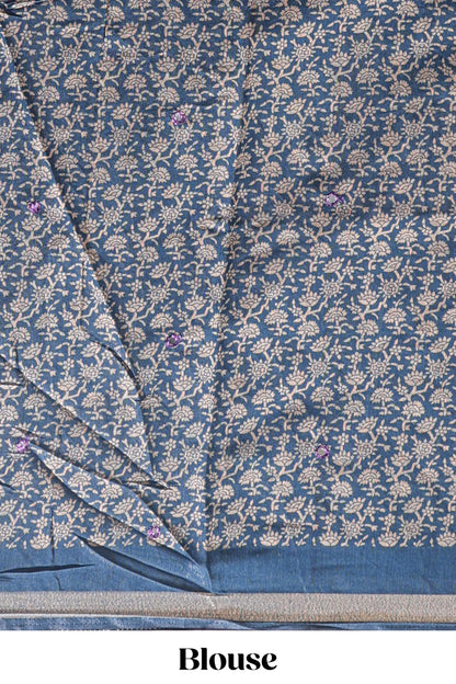Purple mirror work embroidery design marsh mellow saree with contrast border and printed blouse
