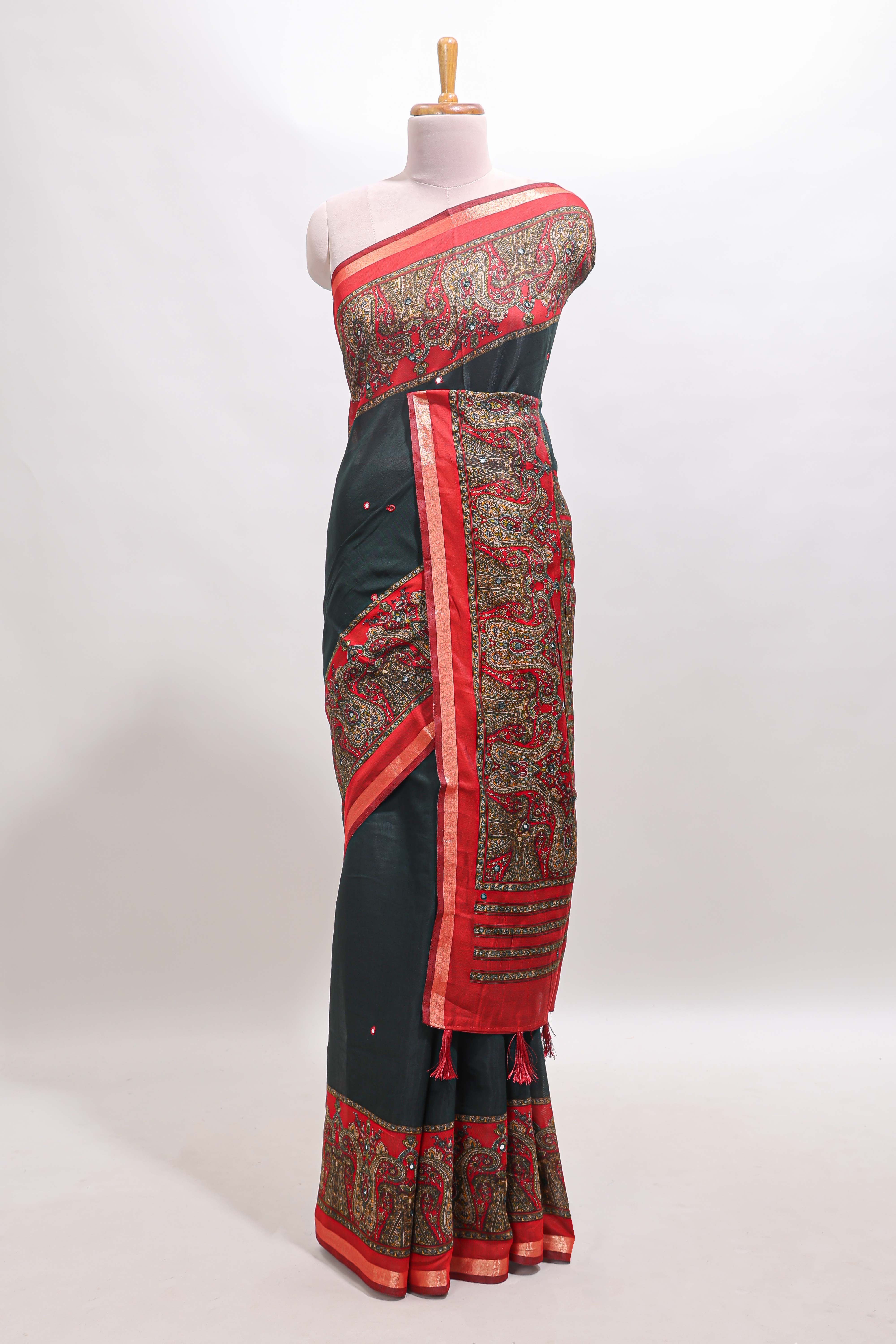 Green mirror work embroidery design marsh mellow saree with contrast border and printed blouse