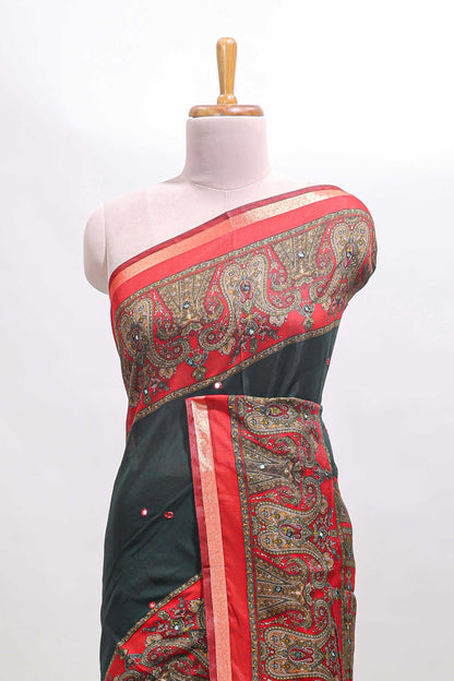 Green mirror work embroidery design marsh mellow saree with contrast border and printed blouse
