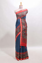 Blue mirror work embroidery design marsh mellow saree with contrast border and printed blouse