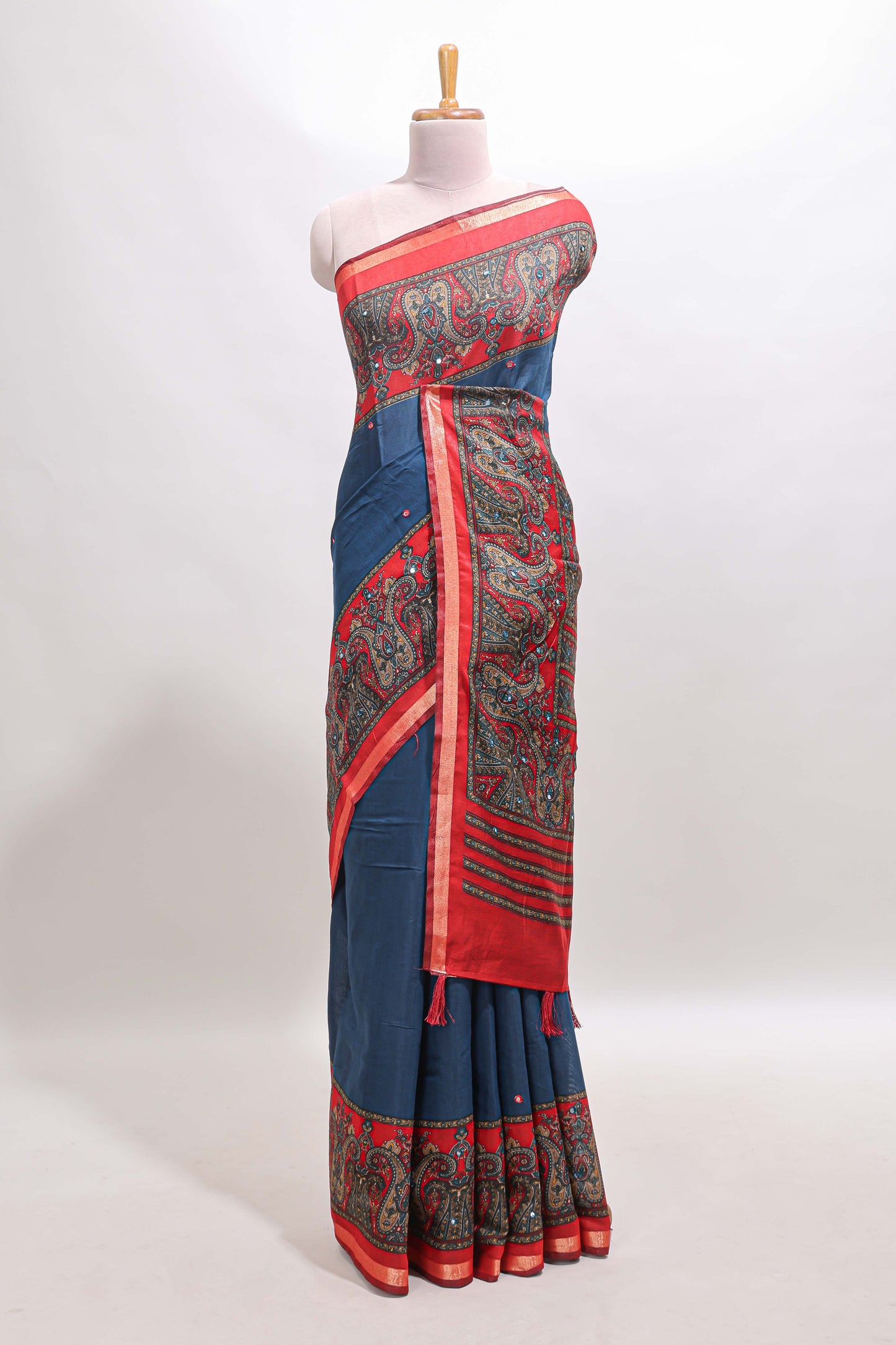 Blue mirror work embroidery design marsh mellow saree with contrast border and printed blouse