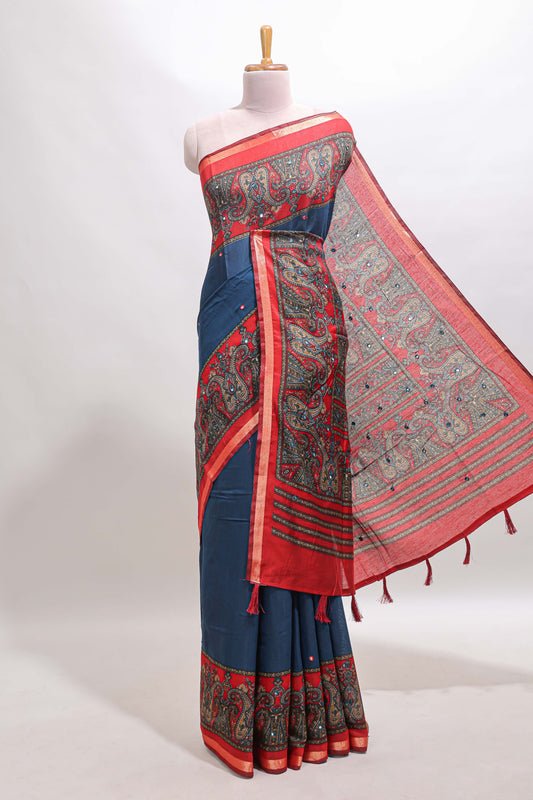Blue mirror work embroidery design marsh mellow saree with contrast border and printed blouse