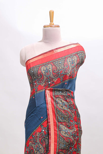 Blue mirror work embroidery design marsh mellow saree with contrast border and printed blouse