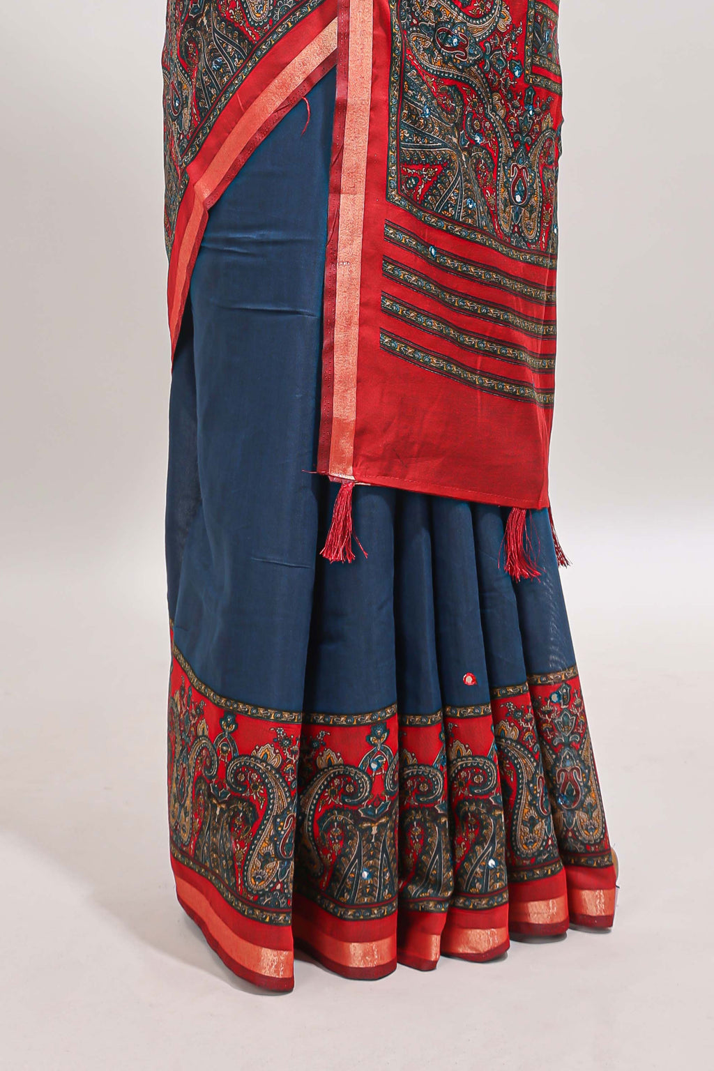 Blue mirror work embroidery design marsh mellow saree with contrast border and printed blouse