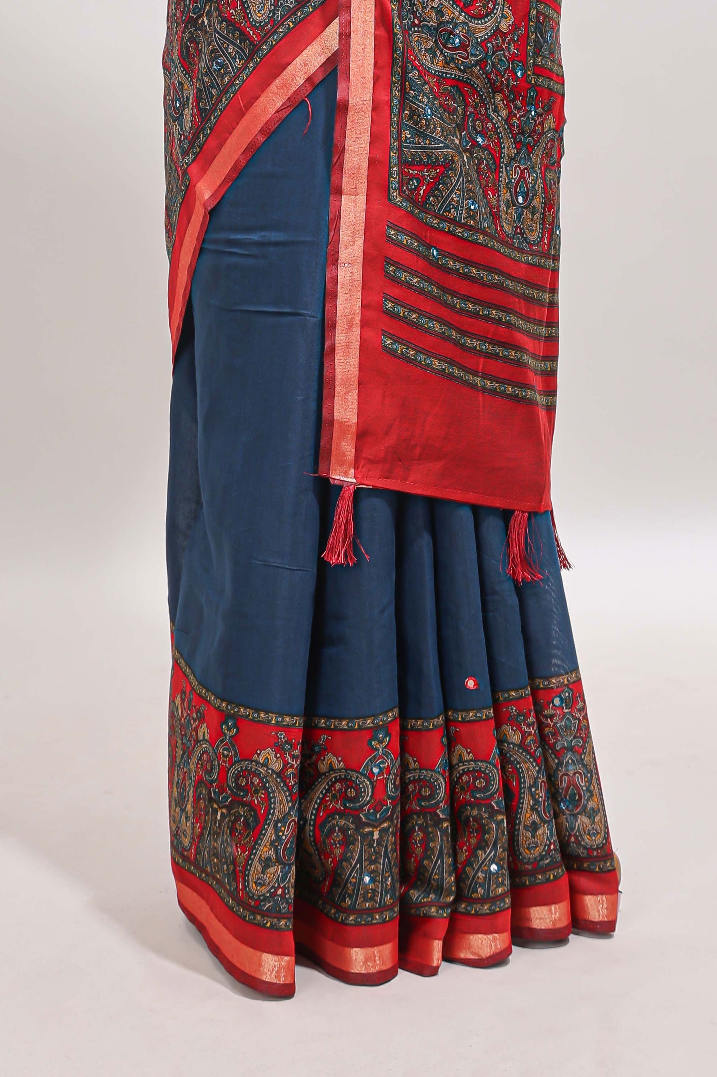 Blue mirror work embroidery design marsh mellow saree with contrast border and printed blouse