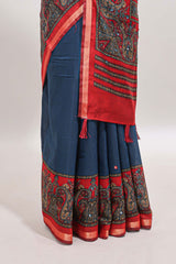 Blue mirror work embroidery design marsh mellow saree with contrast border and printed blouse