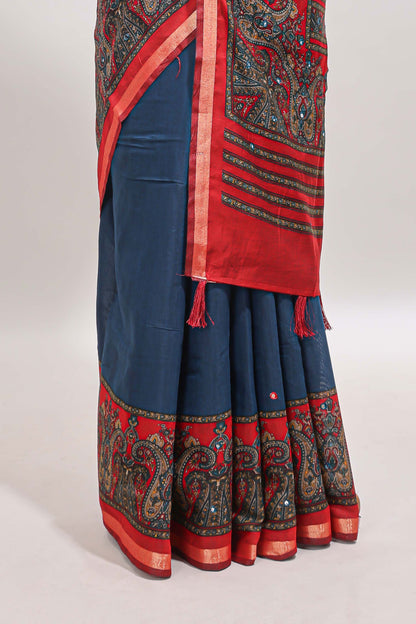 Blue mirror work embroidery design marsh mellow saree with contrast border and printed blouse