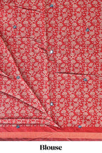 Blue mirror work embroidery design marsh mellow saree with contrast border and printed blouse