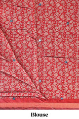 Blue mirror work embroidery design marsh mellow saree with contrast border and printed blouse