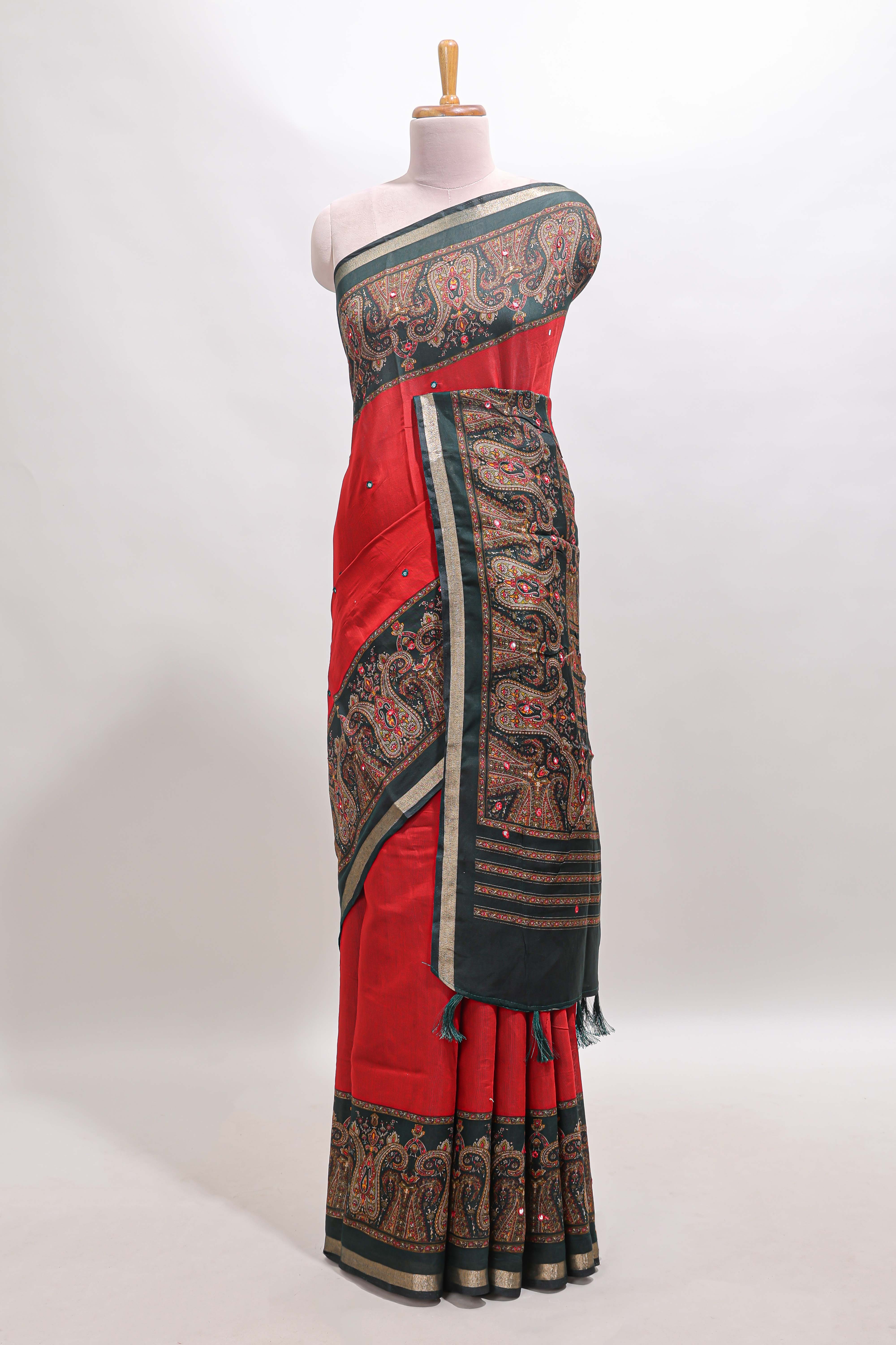 Red mirror work embroidery design marsh mellow saree with contrast border and printed blouse