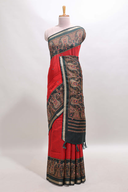 Red mirror work embroidery design marsh mellow saree with contrast border and printed blouse