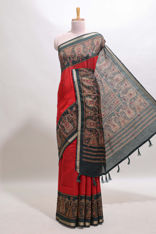 Red mirror work embroidery design marsh mellow saree with contrast border and printed blouse