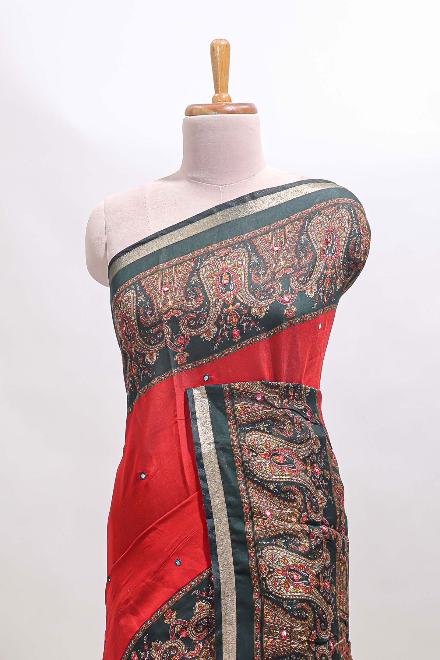 Red mirror work embroidery design marsh mellow saree with contrast border and printed blouse
