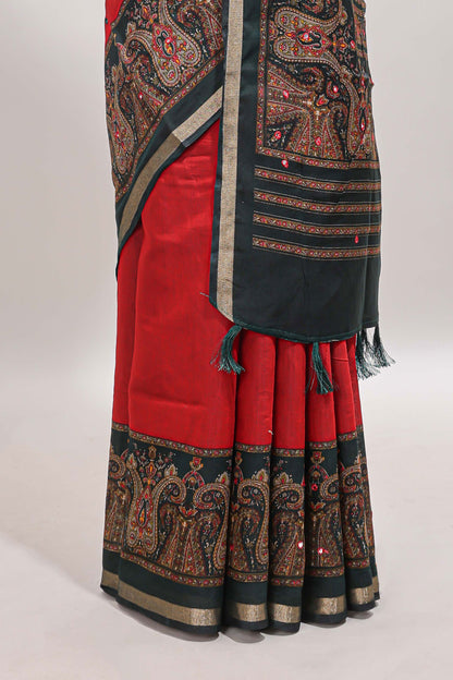 Red mirror work embroidery design marsh mellow saree with contrast border and printed blouse