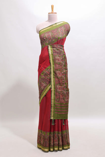 Maroon mirror work embroidery design marsh mellow saree with contrast border and printed blouse
