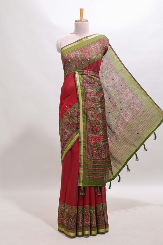 Maroon mirror work embroidery design marsh mellow saree with contrast border and printed blouse