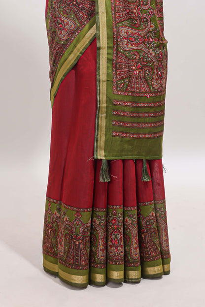Maroon mirror work embroidery design marsh mellow saree with contrast border and printed blouse