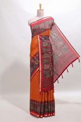 Orange mirror work embroidery design marsh mellow saree with contrast border and printed blouse
