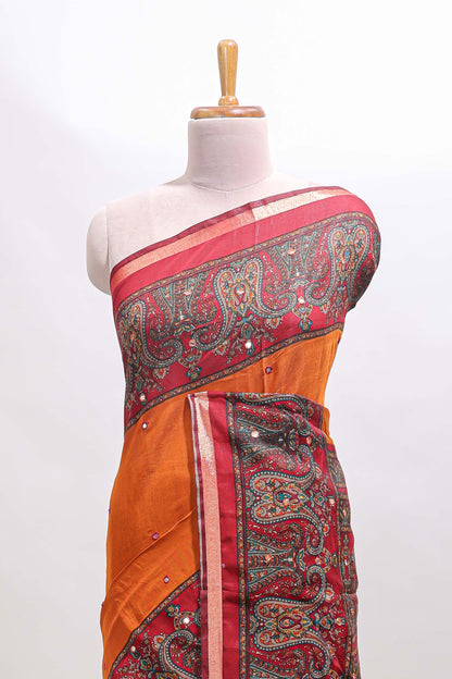 Orange mirror work embroidery design marsh mellow saree with contrast border and printed blouse