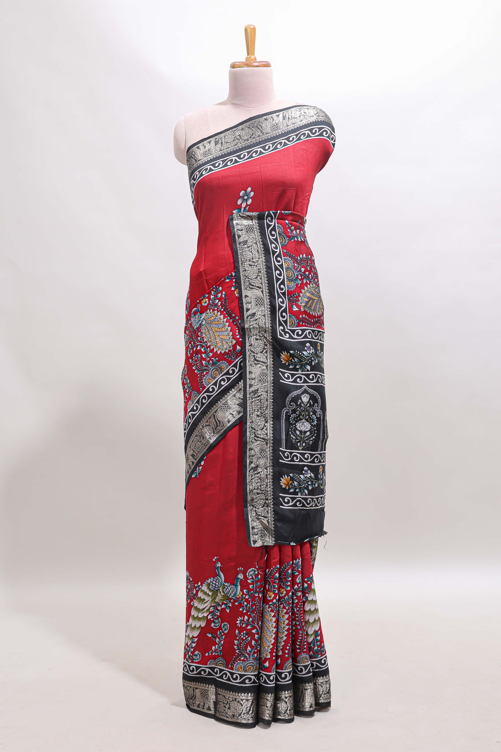 Red peacock & floral design marsh mellow saree with contrast border and printed blouse