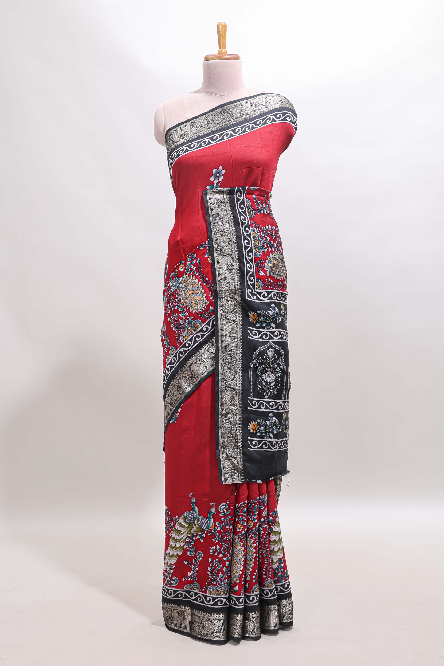 Red peacock & floral design marsh mellow saree with contrast border and printed blouse