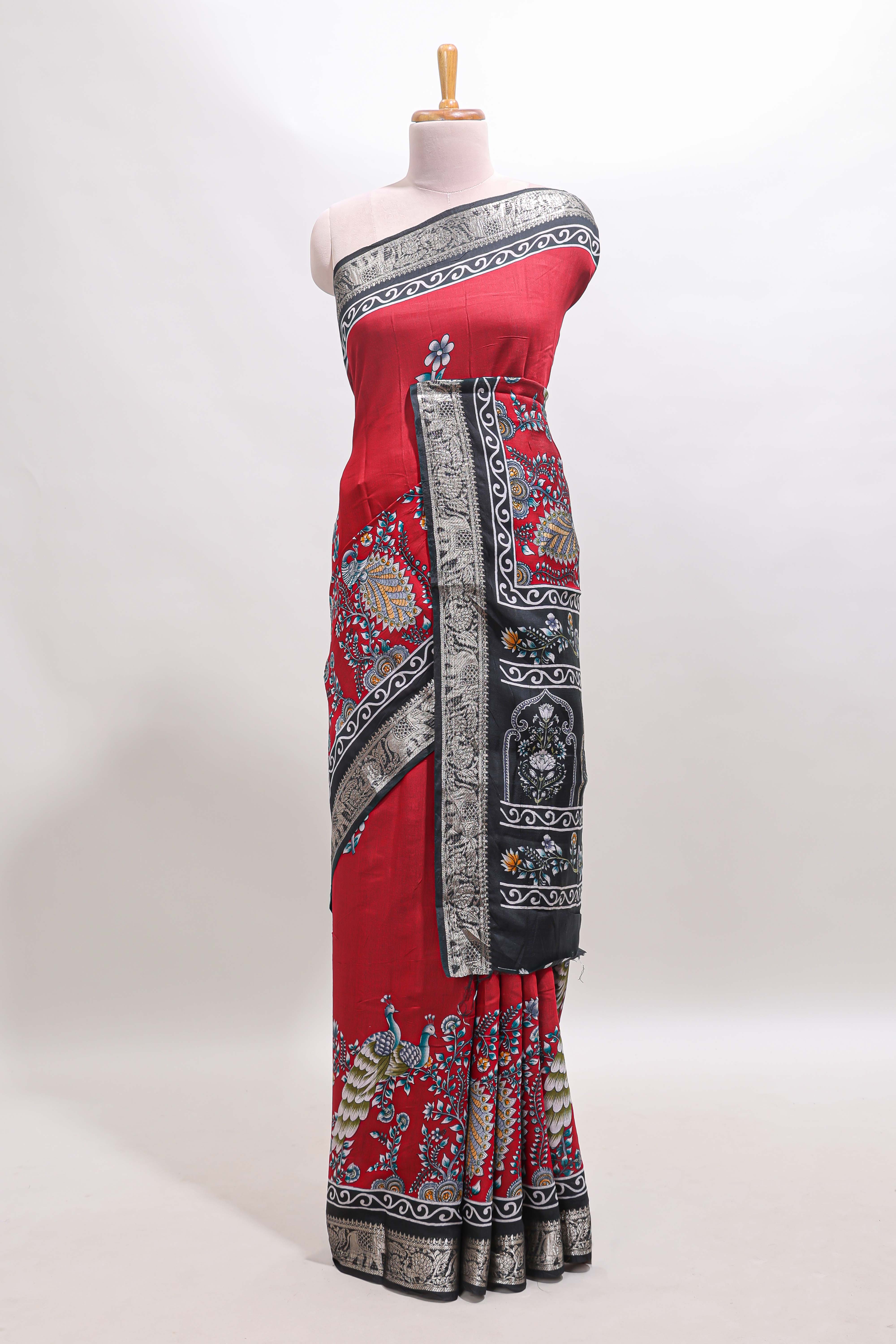 Red peacock & floral design marsh mellow saree with contrast border and printed blouse