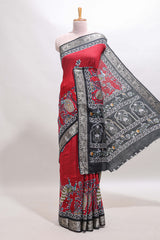 Red peacock & floral design marsh mellow saree with contrast border and printed blouse