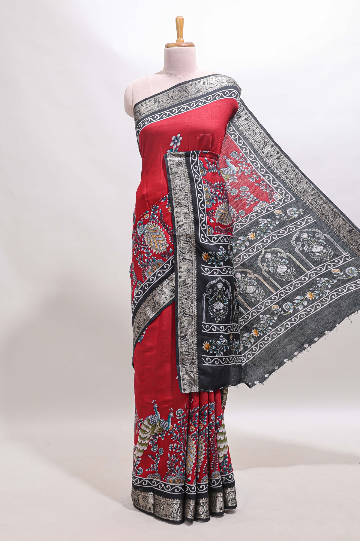 Red peacock & floral design marsh mellow saree with contrast border and printed blouse