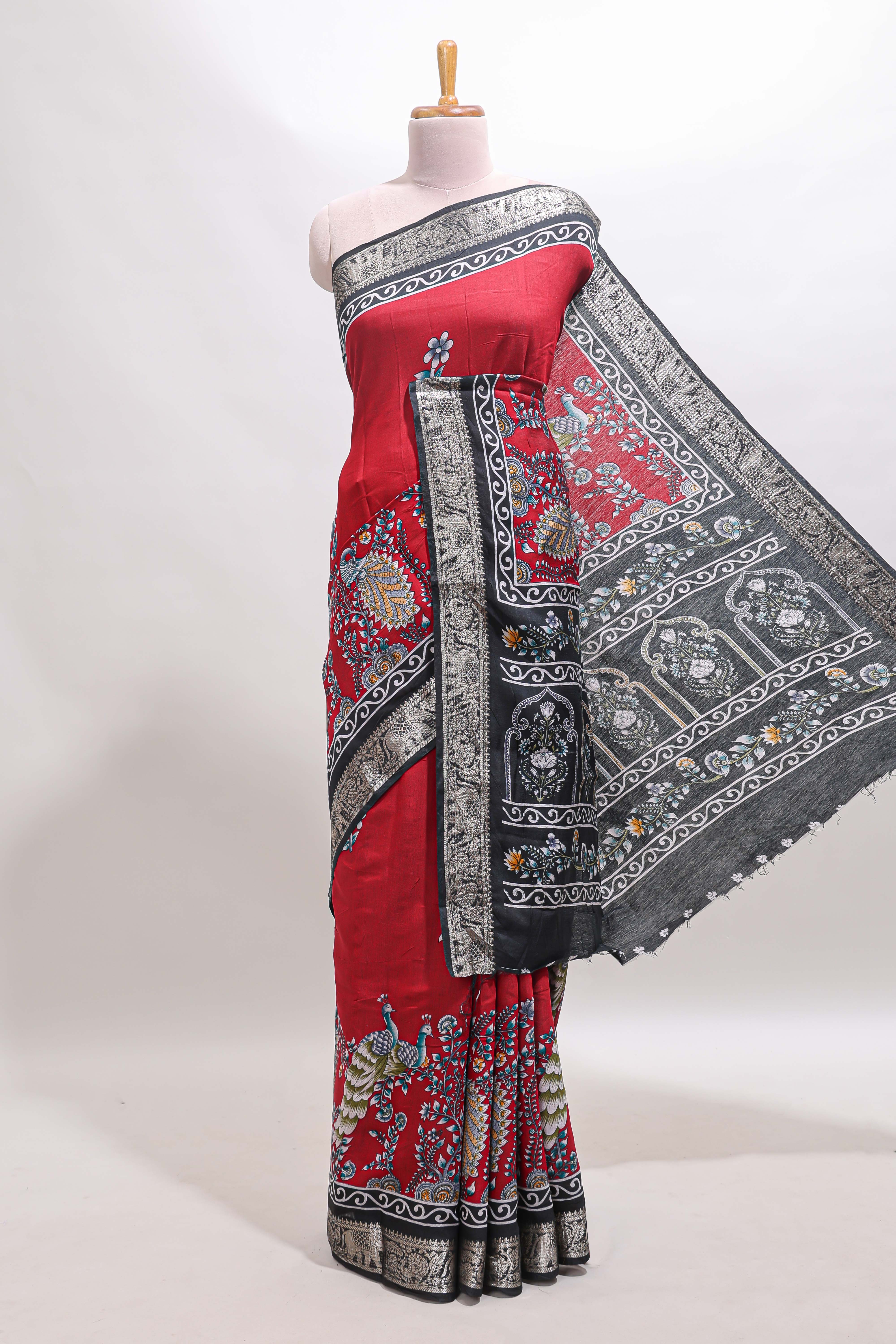 Red peacock & floral design marsh mellow saree with contrast border and printed blouse