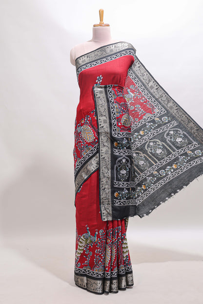Red peacock & floral design marsh mellow saree with contrast border and printed blouse