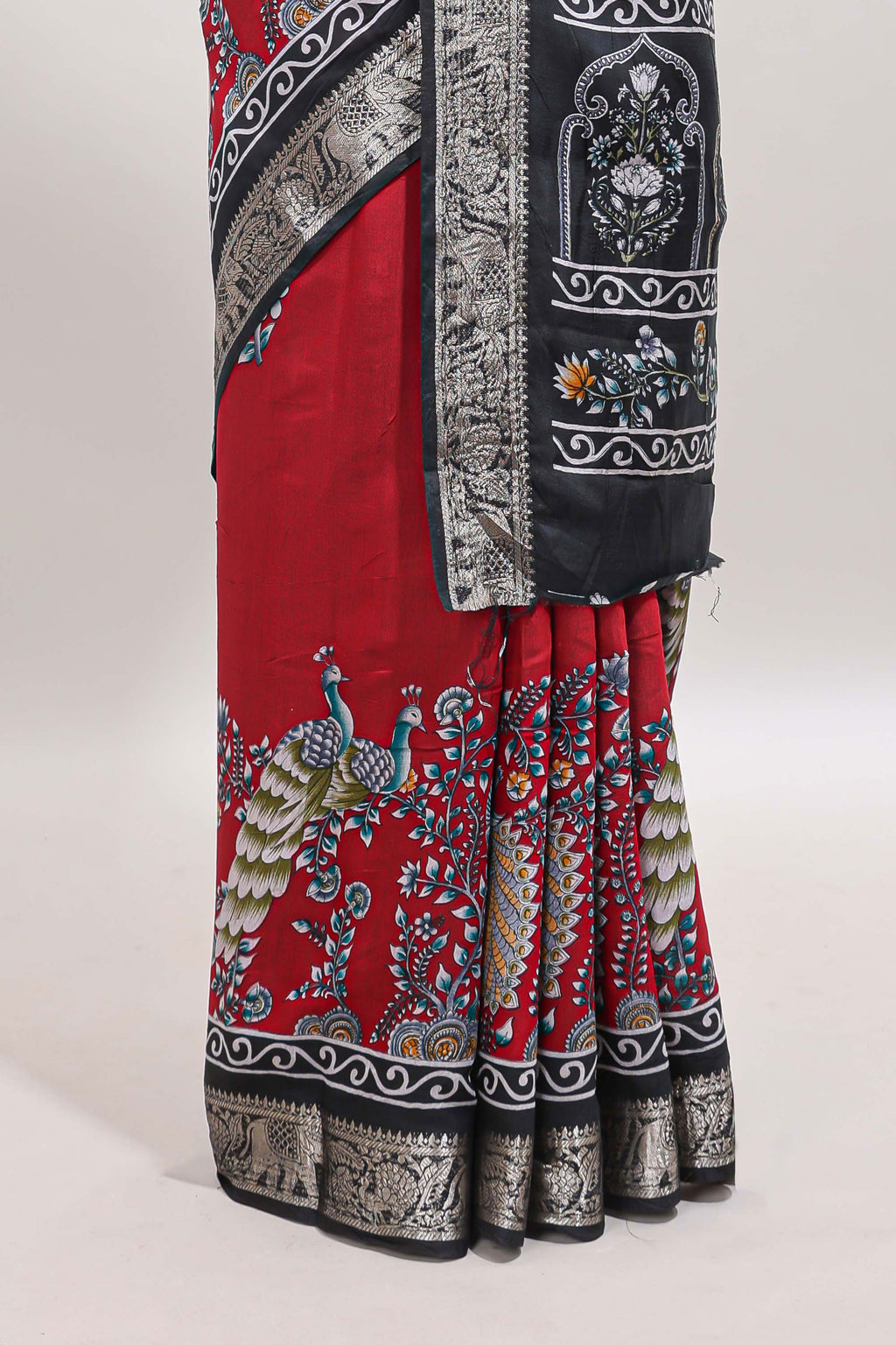 Red peacock & floral design marsh mellow saree with contrast border and printed blouse