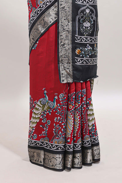 Red peacock & floral design marsh mellow saree with contrast border and printed blouse